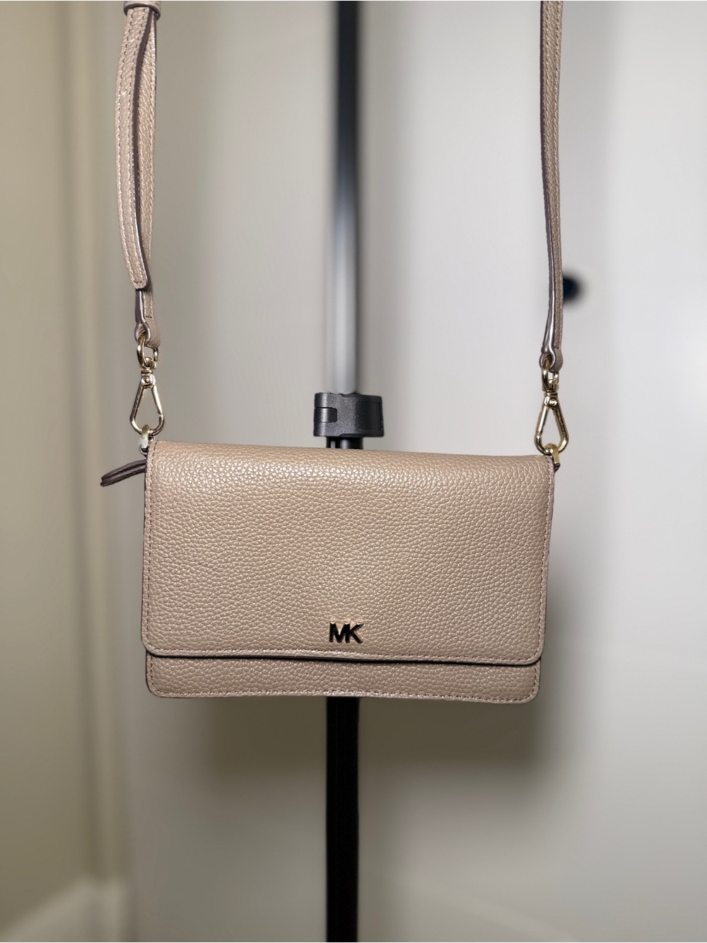 Michael Kors Pebbled Leather Crossbody in Taupe Beige with Gold Hardware